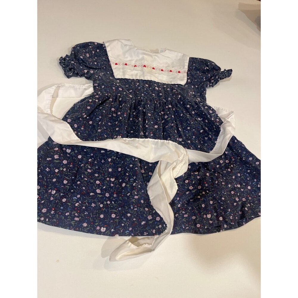 Vintage Girls Blue Floral Dress W/ White Bodice & Red Ribbon Lace Trim Puff Slee